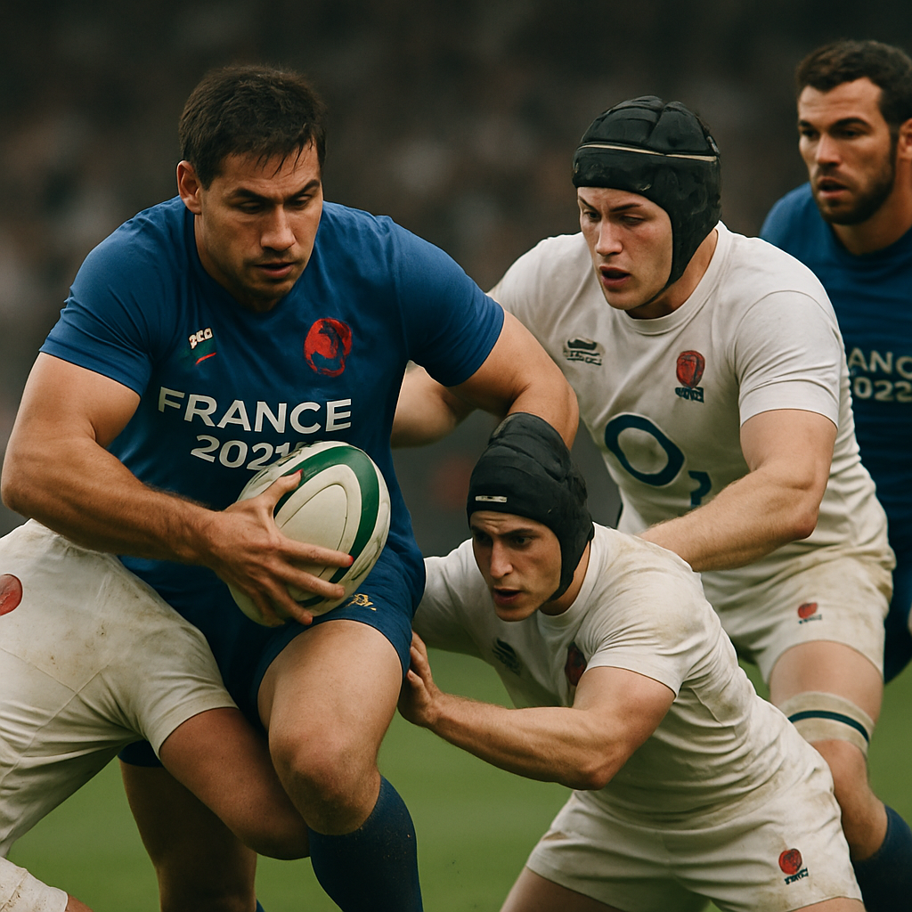 A moment of intense action from the France vs England rugby match, displaying the