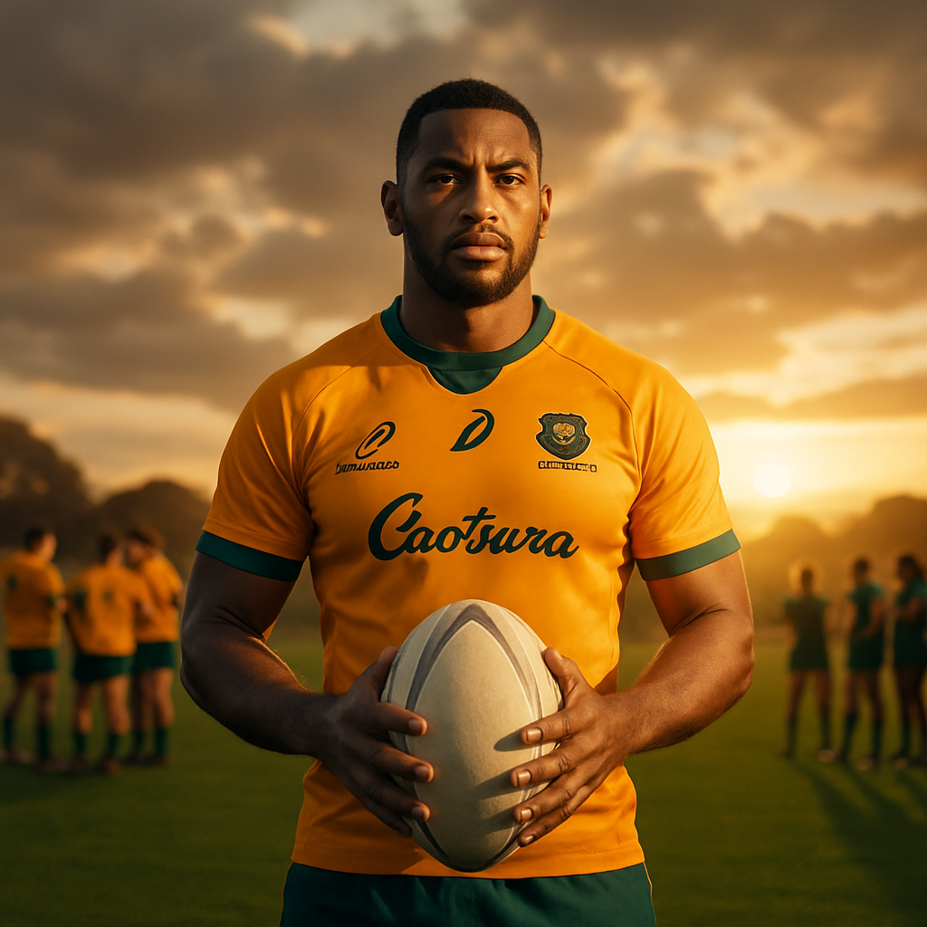 Australian rugby star in a triumphant pose, with teammates strategizing in the background on