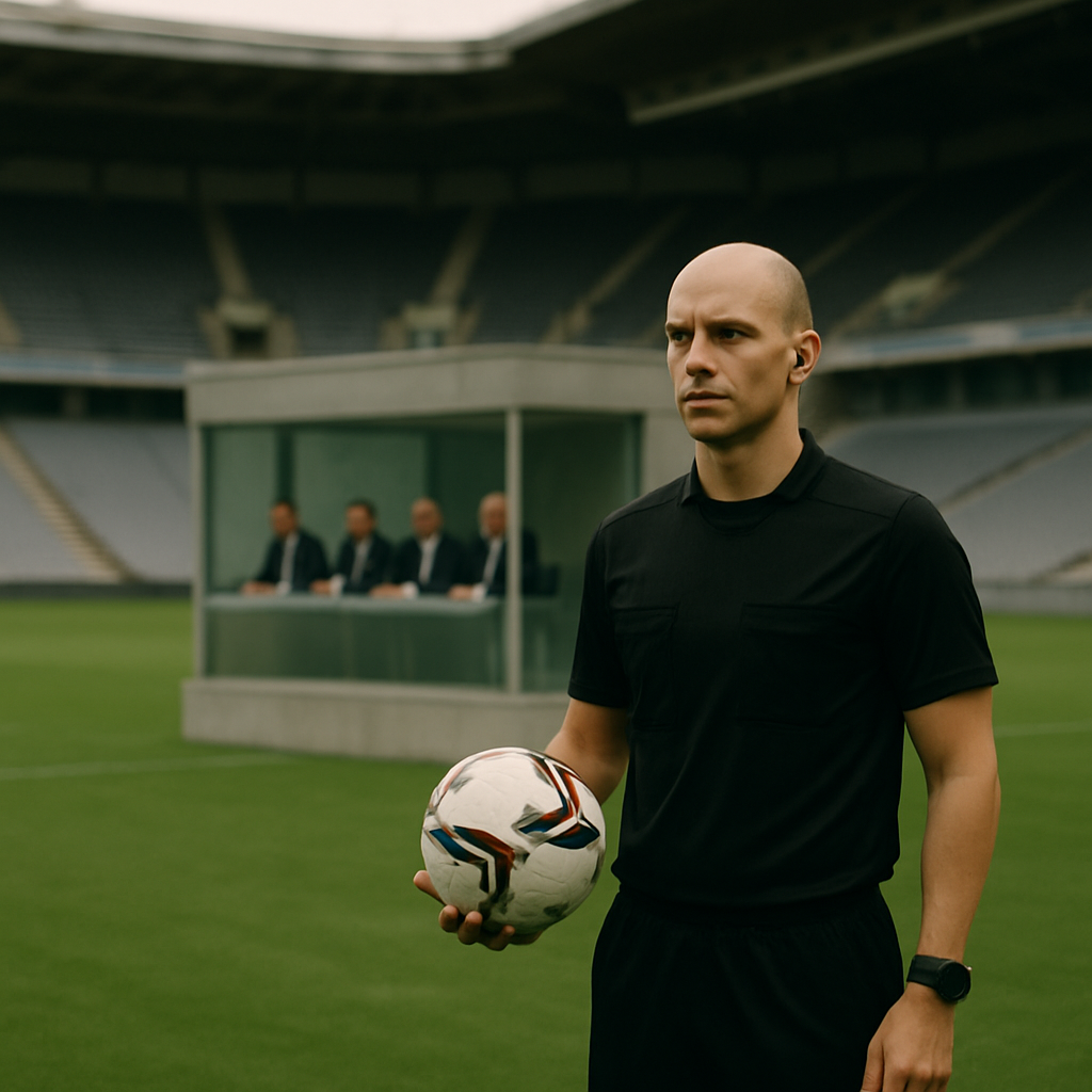 A football referee stands on an empty stadium pitch with a softly blurred panel