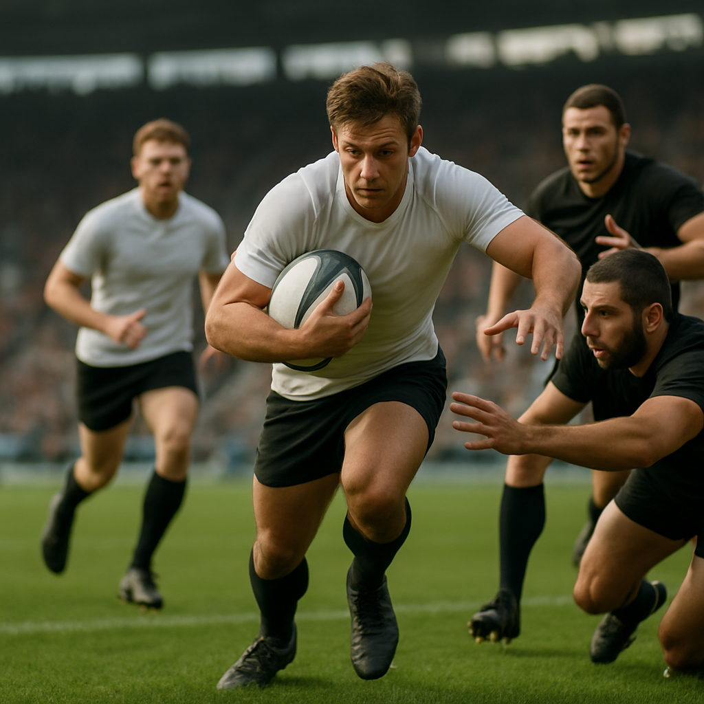 A rugby ball carrier powers through a tackle into open space as teammates offer