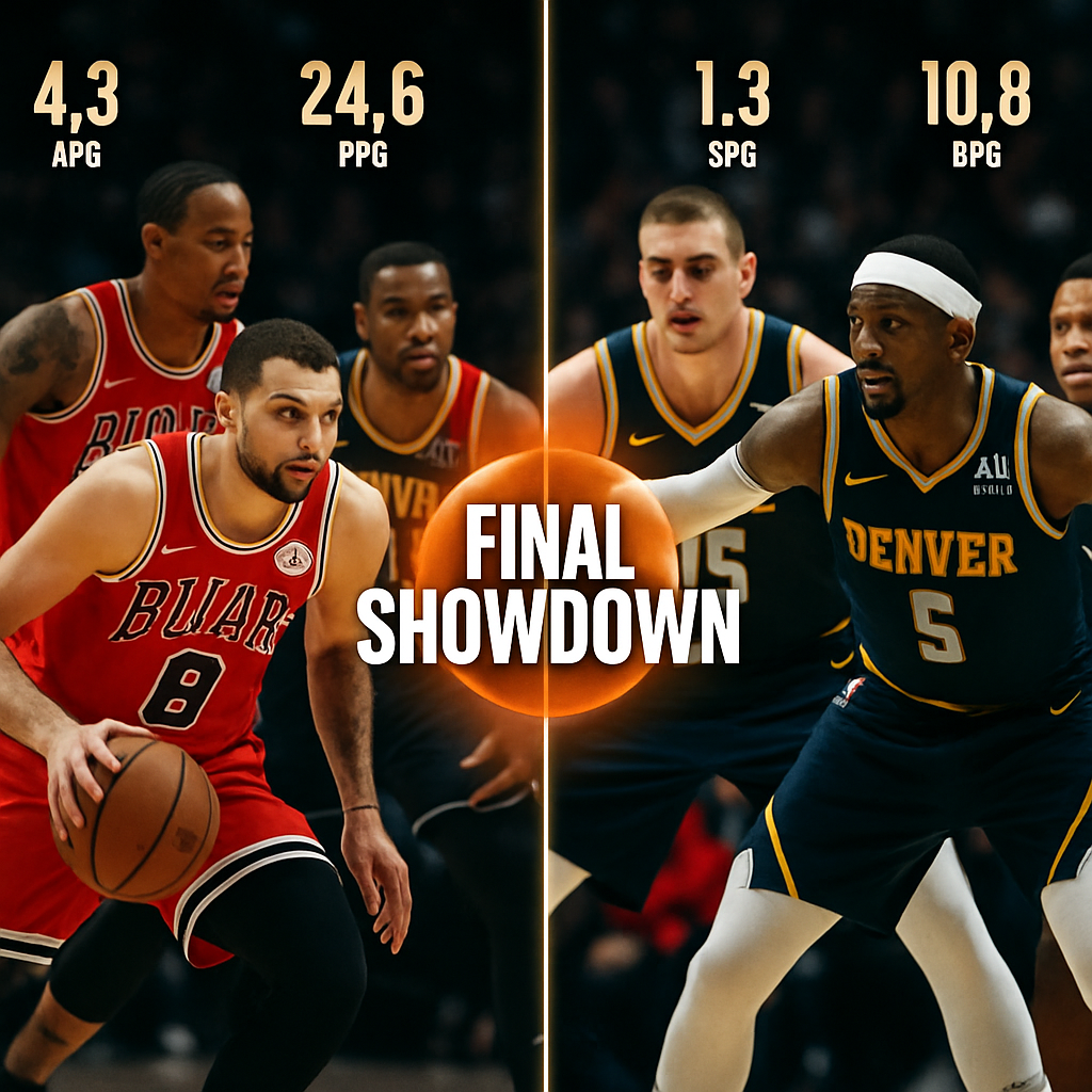 Final showdown comparison between Chicago Bulls and Denver Nuggets, emphasizing key player stats and
