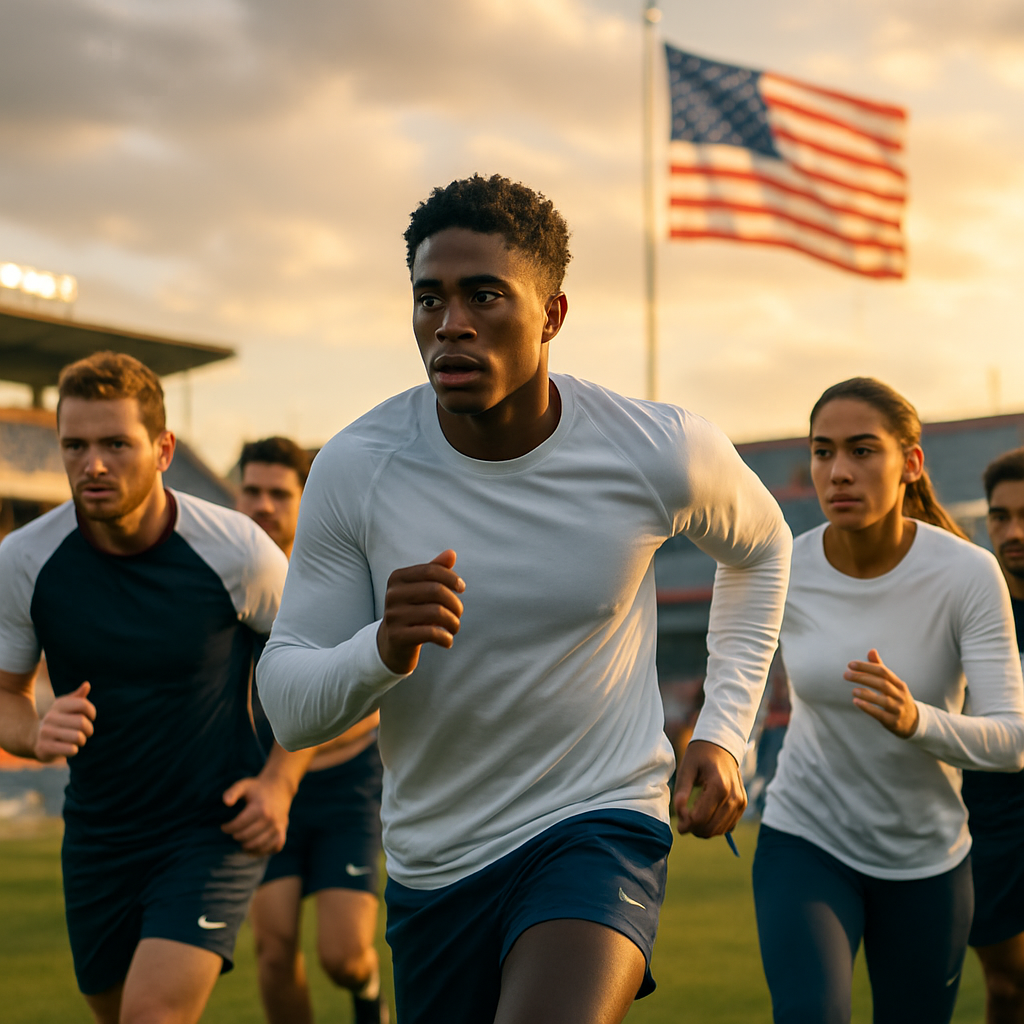 A focused photograph of a national football team training at sunrise, highlighting their unity