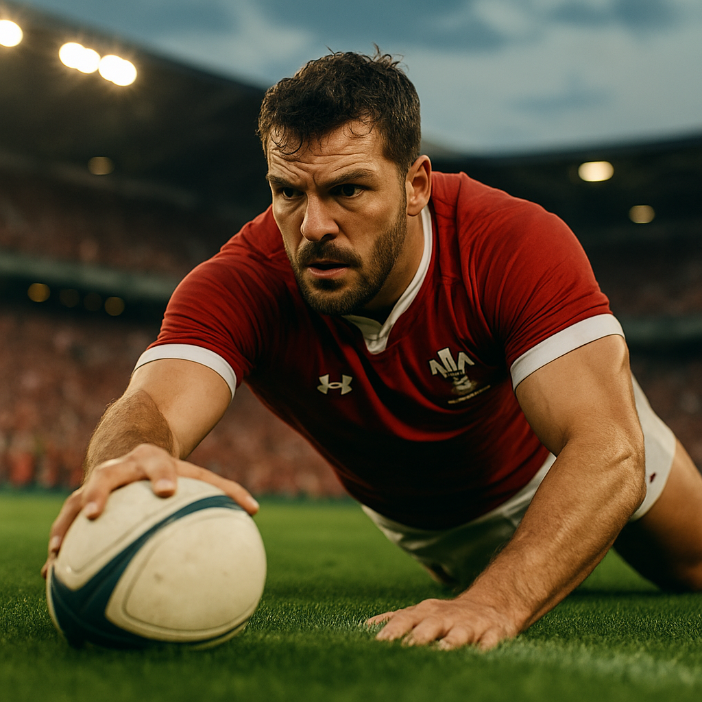 A rugby player walking off the field with a nostalgic smile, carrying a rugby