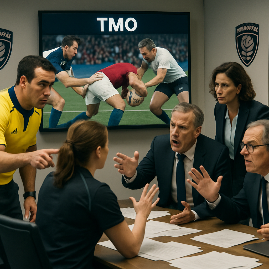 A scene in a conference room where sports officials intensely watch a paused video