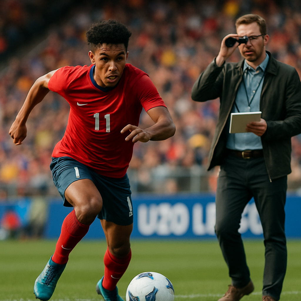 An intense image of a young footballer executing a perfect dribble during a U20