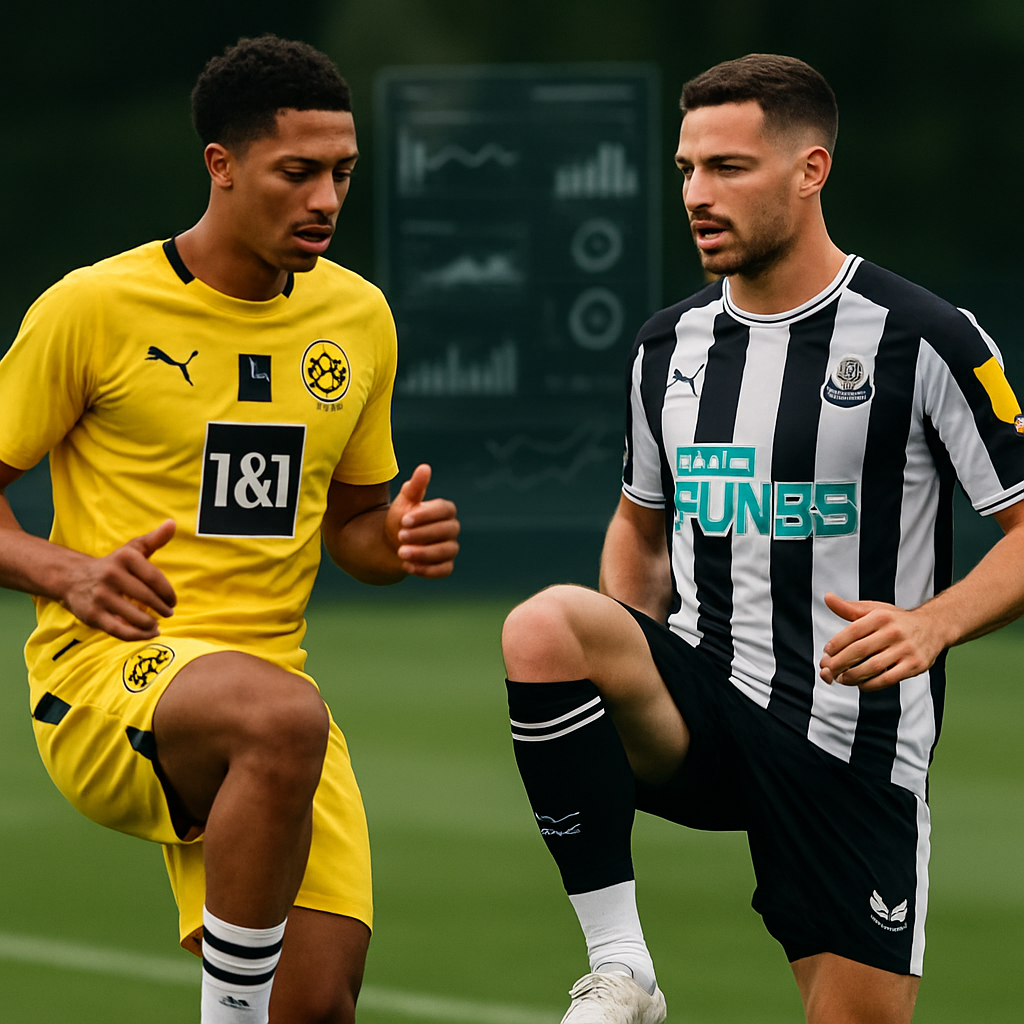 Two football players, one from Borussia Dortmund and one from Newcastle United, are running