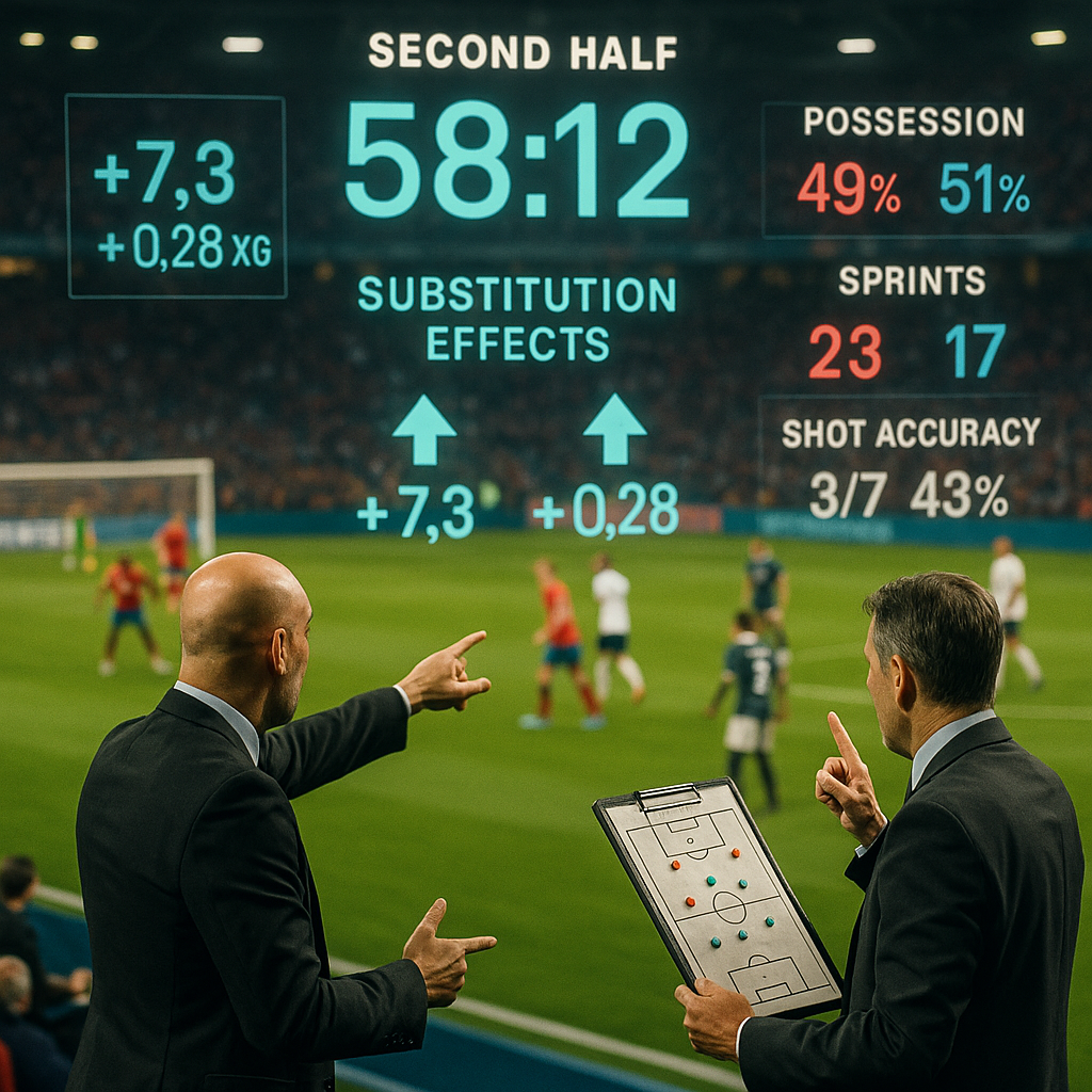 An infographic-style image illustrating soccer team performance in the second half, with charts and