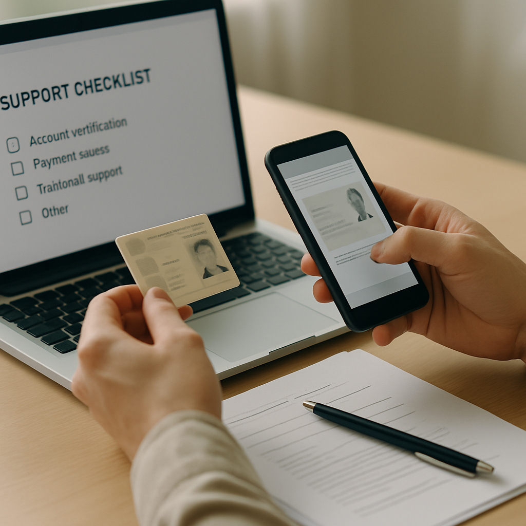 A person calmly checks identity-document details and scan quality beside a laptop before contacting