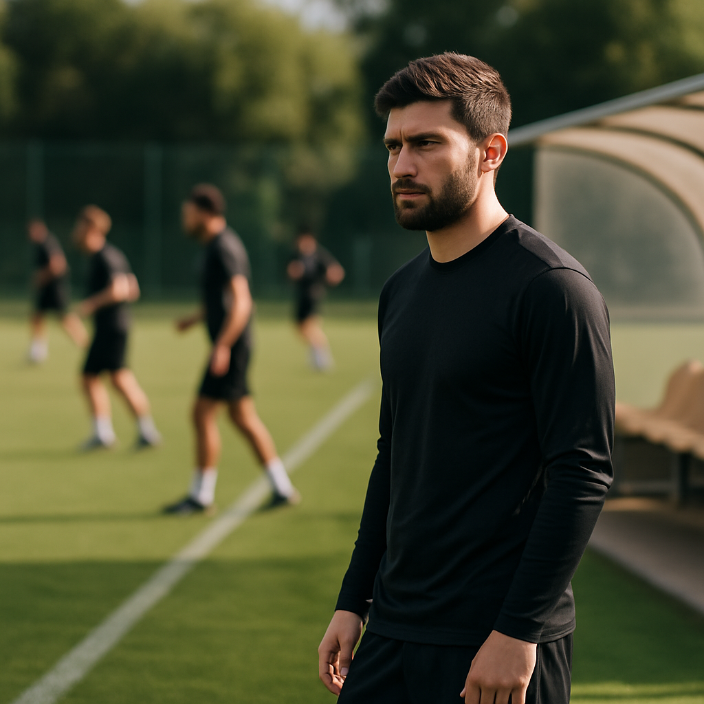 A Baku Sporting player watches training from the touchline as the team prepares for