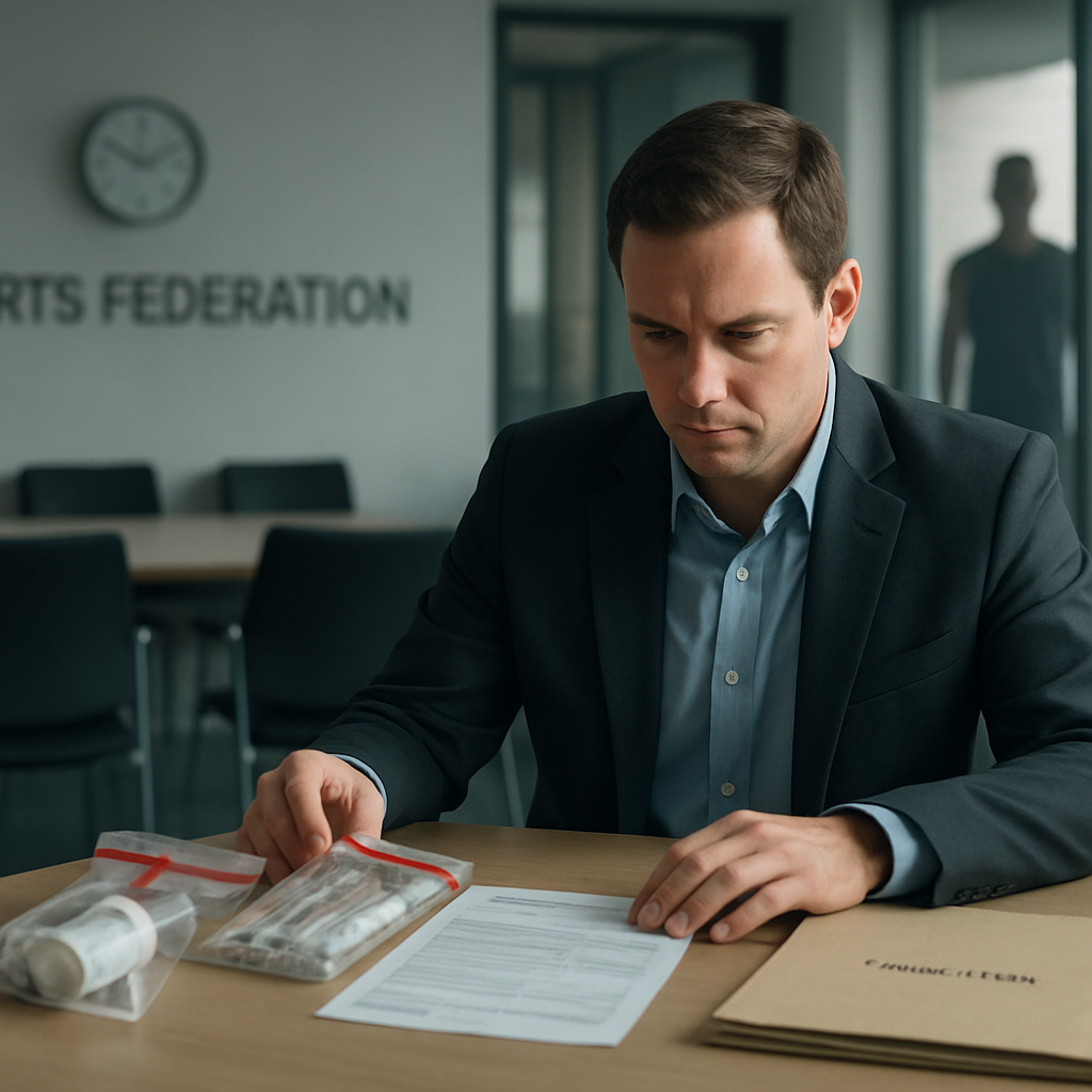 An investigator reviews doping-test documents and sealed evidence in a sports federation meeting room.