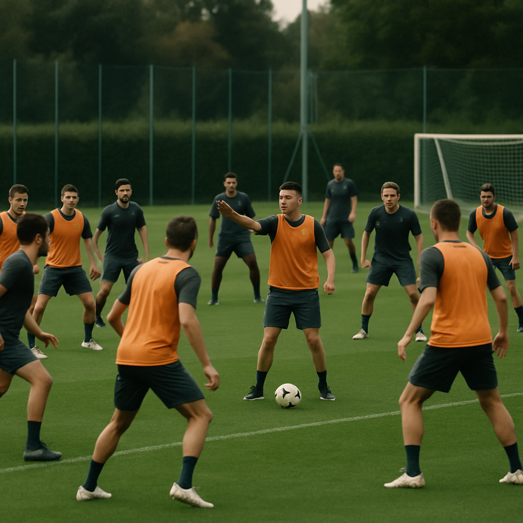 A football team rehearses a coordinated three-line formation, linking defense and attack through shared