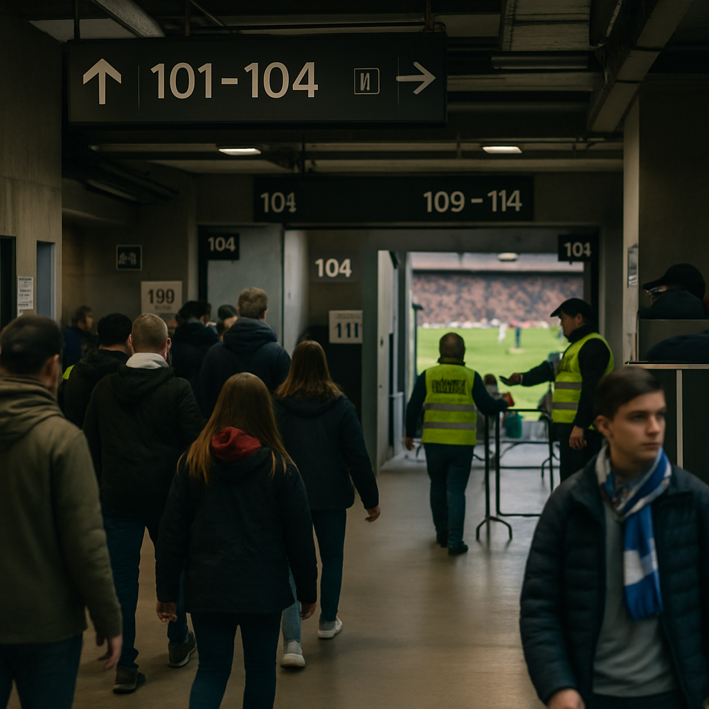 Football fans calmly follow signs and steward guidance through a stadium concourse as a