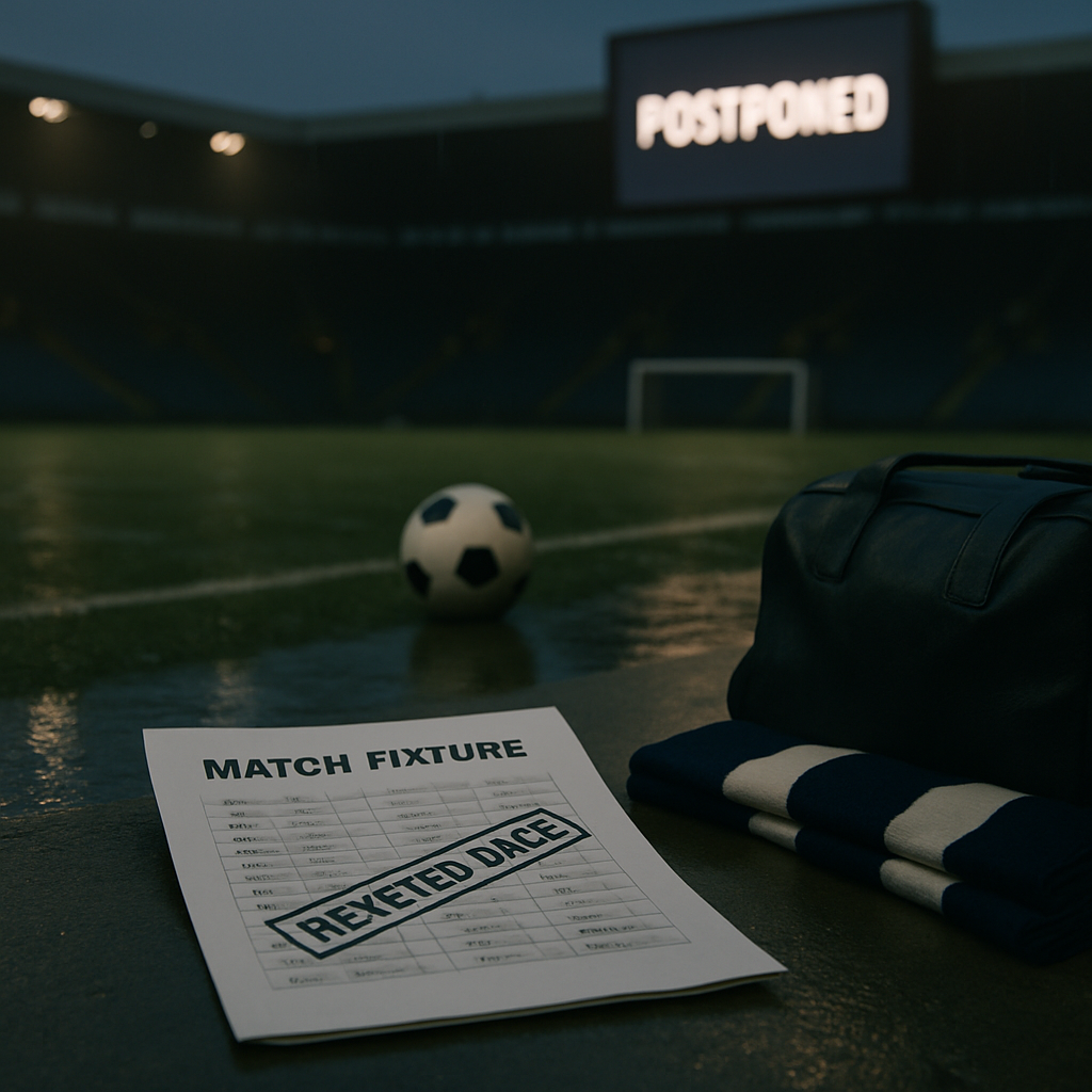 A football rests beside a revised fixture sheet and travel bag in an empty