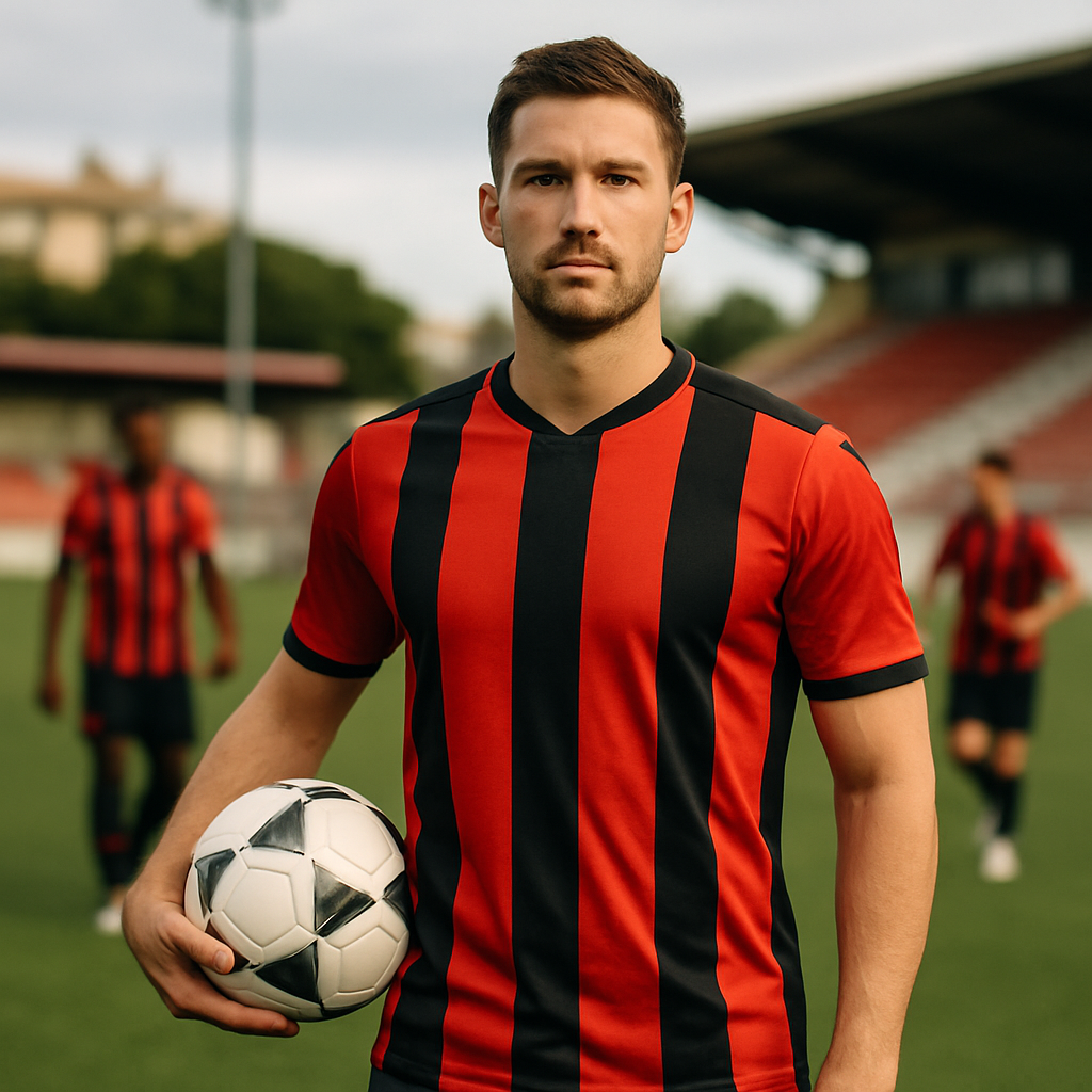 A newly signed Toulon footballer poses with a ball on the pitch as the