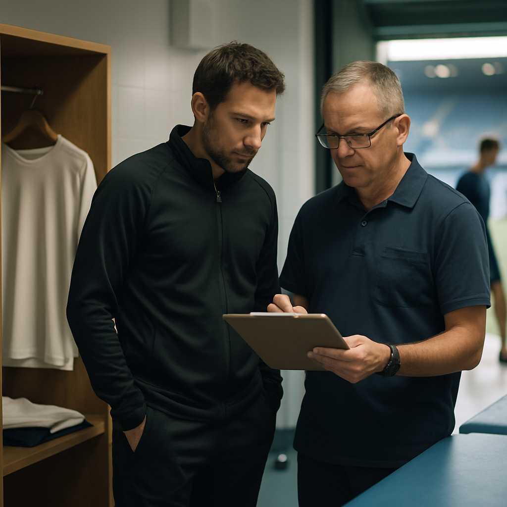 A coach and team doctor discuss a recovery plan beside an empty locker as